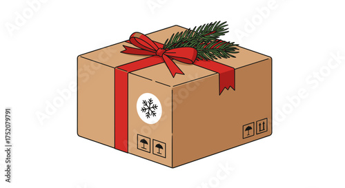 Gift box with red ribbon and pine branch for Christmas celebration - Concept of courier delivery service during the peak Christmas and New Year season  