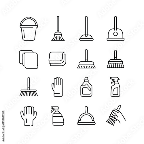 Collection of hand drawn cleaning supplies and tools for household chores