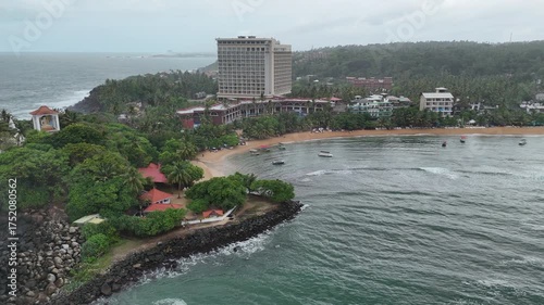 Aerial view of tropical beach and coastline in Unawatuna, Sri Lanka