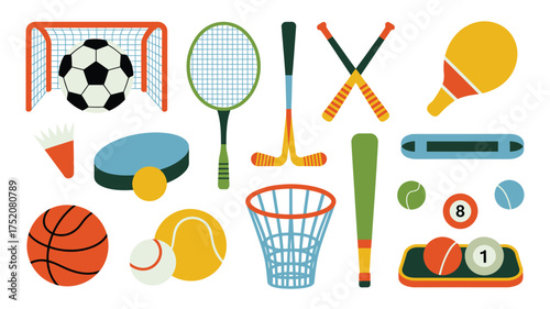 Collection of various sports equipment and balls on white background