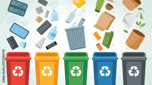 Colorful recycling bins with various recyclable waste items falling from above