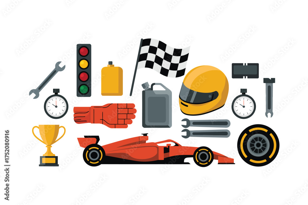 Obraz premium Formula 1 racing elements collection with car trophy and helmet