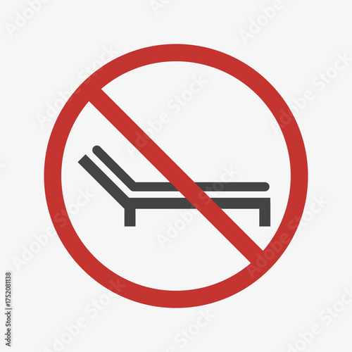 No sunbeds allowed sign, prohibition symbol with red circle and crossed sun lounger icon. Vector illustration