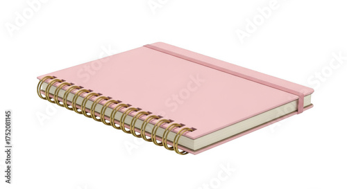 Pink notebook with golden spiral binding and elastic closure isolated on transparent background