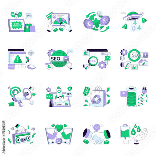 Set of Medical and Media Flat Line Illustrations 
