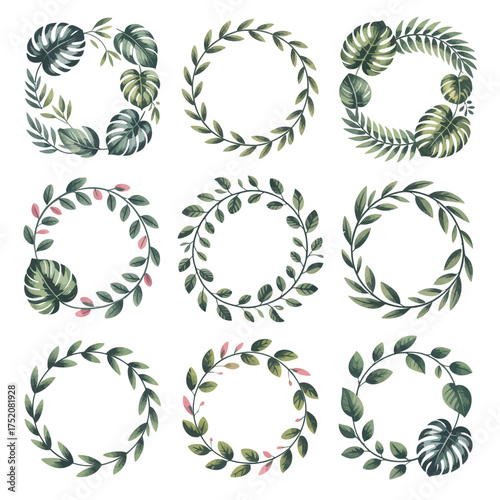 Collection of nine decorative watercolor floral and leaf wreaths and frames