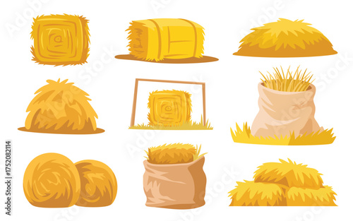 Collection of illustrated hay bales and stacks in various shapes and sizes