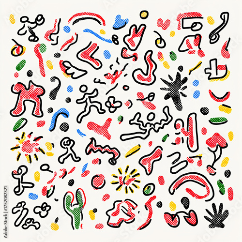 Colorful Random Illustrations Seamless Pattern on White Background, Abstract Creative Graphics Collection, Modern Art Design Elements for Wallpaper Textile Print