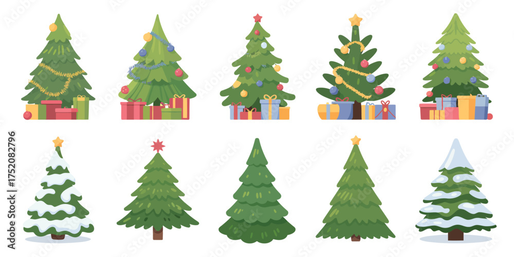 Fototapeta premium Collection of decorated christmas trees with presents underneath