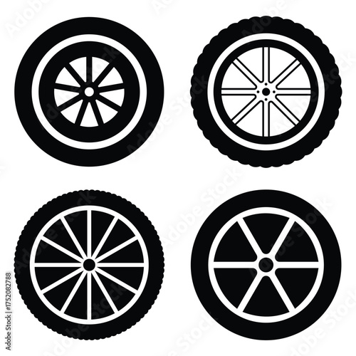 Tire icons, black rubber wheel tire set. Car tyre silhouette symbol flat style website graphic design. Car wheel set hand drawn illustration. Vector illustration.