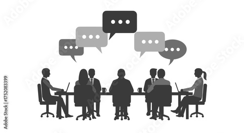 Business people meeting silhouette. Teamwork discussion in conference room. Corporate strategy session with speech bubbles. Communication and brainstorming concept vector.