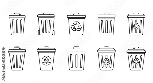 Trash can and recycling bin line icon set. Garbage container, waste basket, and litter bin symbols. Vector concept for waste management, environmental care, and ecology.