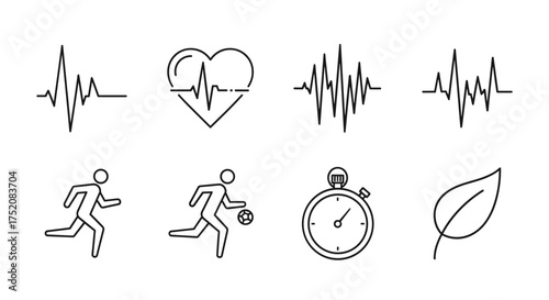 Health and sport icon set. Heartbeat pulse line, cardiogram EKG, heart rate. Running, soccer player. Healthy lifestyle, fitness, exercise. Stopwatch timer and leaf icons.