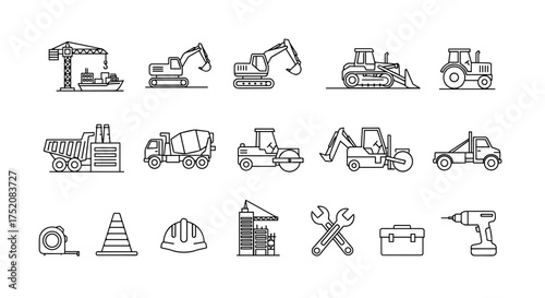 Construction line icons set. Heavy machinery, building equipment, industrial vehicles, and work tools. Vector collection with excavator, crane, truck, bulldozer, and helmet.