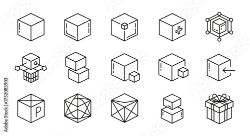 Box and cube isometric line icon set. Vector symbols for logistics, delivery, shipping, package, and data block. Abstract geometric shapes, gift present, and module concepts.