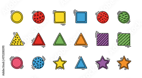 Collection of colorful hand-drawn geometric shapes. Set of flat vector icons including circle, square, triangle, and star for kids' educational materials or web design.