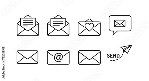 Mail message vector icon set. Email correspondence thin line art symbols. Open envelope, letter, love heart, chat bubble notification, at sign, paper plane send button.