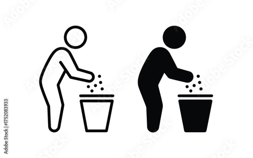 Person throwing trash into a bin icon in outline and solid black styles