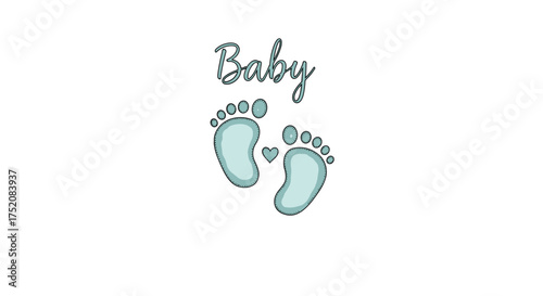 Baby boy footprints vector illustration. Newborn feet with a heart. Cute aqua blue design for baby shower, gender reveal party, expecting parents, birth announcement card.