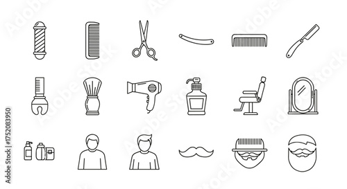 Barbershop line icon set. Male grooming and hairstyling tools. Hair salon equipment for haircut and shave. Vector outline symbols of razor, scissors, comb, and chair.