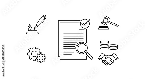 Business contract and legal agreement icon set. Concept of law, finance, and partnership. Includes icons for negotiation, deal, signature, audit, and compliance policy.