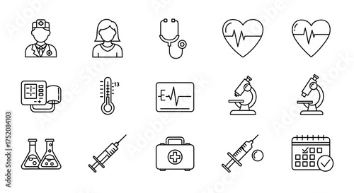 Medical and healthcare line icon set. Collection of thin line symbols for medicine, hospital, clinic. Doctor, patient, cardiology, laboratory, vaccine, diagnosis, treatment.