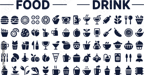 Food and Drinks Icon Set, Menu and Infographic Symbols, Restaurant Design Elements, Beverage and Cuisine Vector Icons