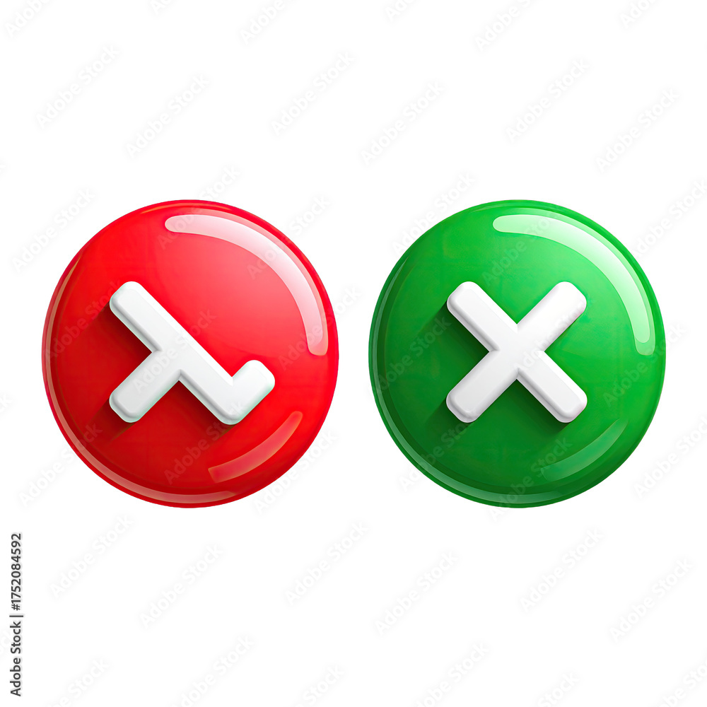 Obraz premium Check & X icons Red & Green buttons, glossy & 3D
