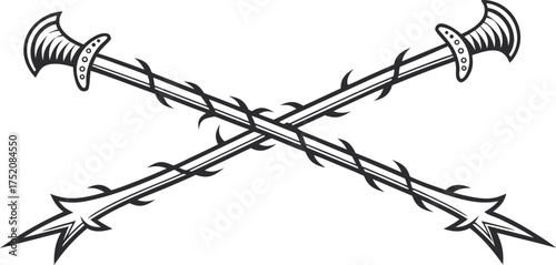 Crossed thorn arrows vector illustration showing tribal medieval weapon design. Sharp arrowheads with barbed details symbolize strength and defense. Perfect for tattoos, emblems, and logos.