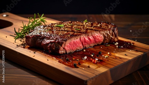 Wallpaper Mural A juicy, medium-rare steak sits on a wooden cutting board, garnished with rosemary and peppercorns. The rich colors make the dish appear appetizing Torontodigital.ca