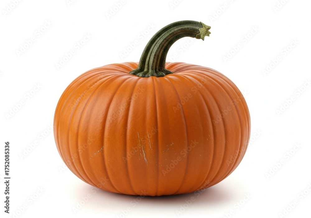 Obraz premium A bright orange pumpkin with a green stem isolated on white background