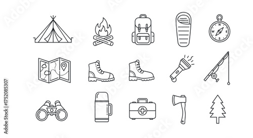 Camping and hiking line icon set. Outdoor adventure and tourism symbols. Vector collection of equipment for survival and travel like tent, campfire, backpack, compass, map.