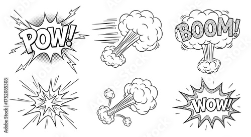 Comic book sound effects set. Pow, Boom, Wow speech bubbles. Concept of explosion, action, and motion. Pop art retro style elements. Cartoon vector illustration. Bang, blast, smoke.