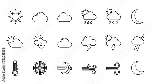 Weather forecast line icon set. Meteorology outline symbol collection. Climate pictograms for web and app. Sun, cloud, rain, snow, wind, storm, temperature, moon icons.