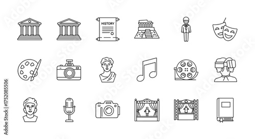 Art and culture linear icons set. Museum, history, theatre, cinema symbols. Music, painting, sculpture, and photography. Ancient heritage and modern entertainment vector pack.