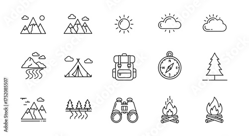 Big set of camping and hiking line icons. Outdoor adventure and travel elements. Mountain, forest, tent, campfire, backpack, compass, binoculars. Minimal vector symbols.