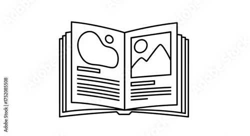 Open book magazine icon. Line art vector illustration of a publication layout. Concept for reading, knowledge, education, publishing or journalism. Simple brochure or catalog symbol.