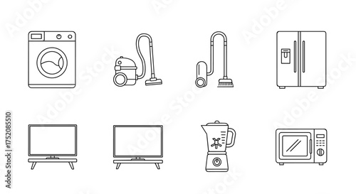 Household appliances and home electronics line icon set. Vector collection of simple outline symbols for domestic equipment. Washing machine, vacuum, fridge, tv, blender, microwave.