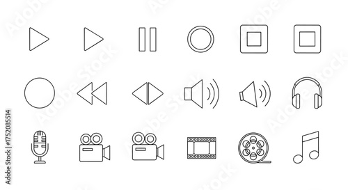 Media player interface icon set. Vector line icons for audio and video. Play, pause, stop, record, rewind, forward, volume, mic, and headphone symbols for UI/UX design.