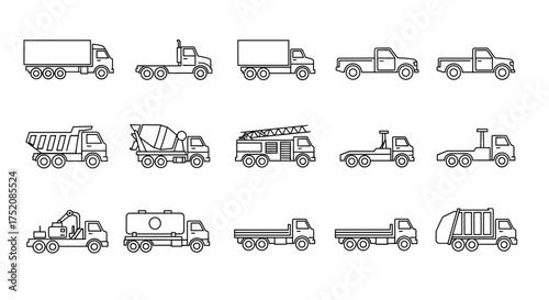 Trucks line icons set. Heavy commercial transport vehicle collection. Lorry, pickup, tipper, fire engine, wrecker, garbage truck, concrete mixer, tanker logistics symbols.