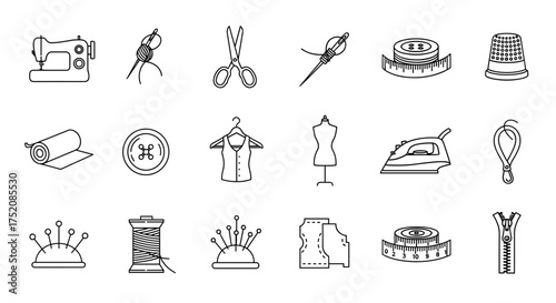 Sewing and tailoring line icon set. Thin outline symbols for dressmaking, needlework, and fashion design. Vector collection of handmade craft equipment and DIY tools for hobby.