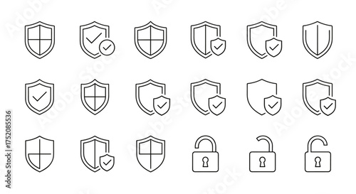 Security shield line icon set. Protection and safety concept. Secure defense pictogram. Privacy data guarantee. Verified check mark. Unlocked padlock symbol. Web UI UX element.