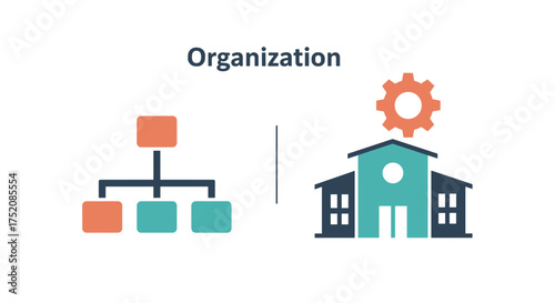Organization concept vector. Business structure with flowchart for hierarchy and management. Company building icon with gear for process, industry and production workflow.