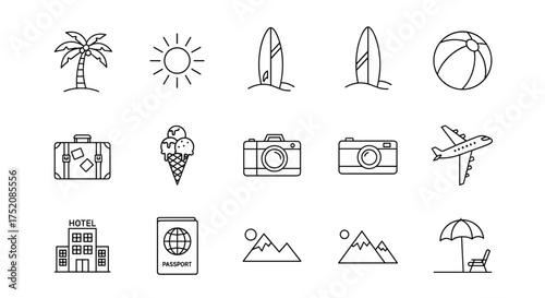 Travel and vacation line icon set. Summer holiday symbols collection for web and graphic design. Thin outline icons of airplane, passport, hotel, palm tree, sun, and camera.