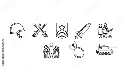 Military and war icon set. Vector line art symbols of army, defense and conflict. Includes helmet, tank, bomb, missile, swords, rank badge and family support concepts.