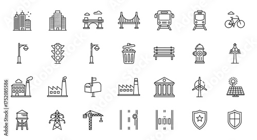 City life and urban infrastructure line icon set. Vector icons of buildings, transport, energy, and street objects. Skyscraper, factory, bridge, bus, train, solar panel.