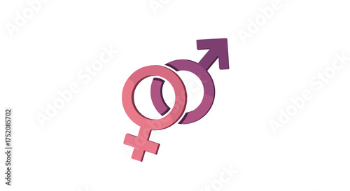 3D male and female gender symbols interlinked. Man and woman icon. Heterosexual relationship, love, and sex concept. Gender equality and partnership sign. Vector illustration.