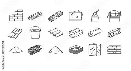 Construction materials vector icon set. Building industry supplies for house repair and renovation. Contains brick, wood, cement, steel beam, roof tile, glass and a concrete mixer.