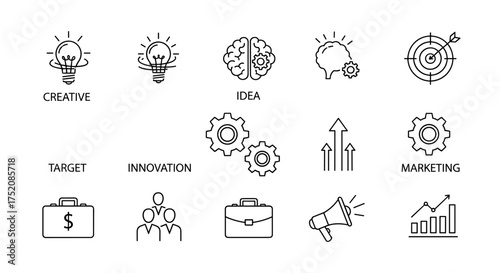 Business and startup thin line icons set. Creativity, idea, innovation, marketing, and target concepts. Vector symbols for strategy, finance, teamwork, growth, and solution.