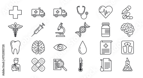 Medical and Health care thin line art icon set. Medicine and first aid outline icons. Hospital, ambulance, pharmacy, doctor, cross, heart, dna, pill, brain vector symbols.